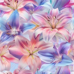 Soft pastel lily watercolor flowers, seamless pattern, floral background