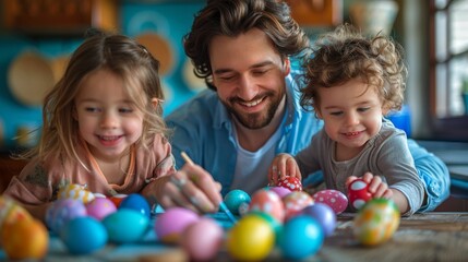 Fototapeta na wymiar Man and Two Children Painting Easter Eggs