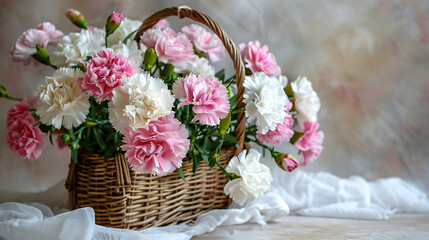Close up flower bouquet arrangement in wicker basket isolated on white, carnation, rose, orchid, anunculus