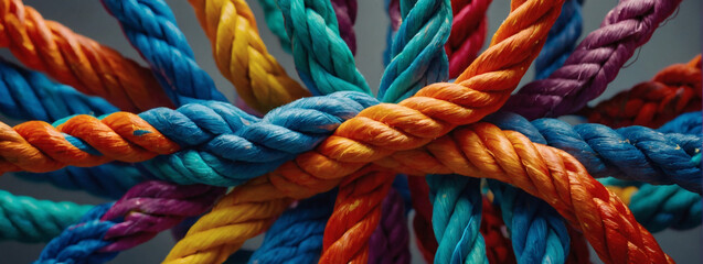 Dynamic visual representation of a team harnessing their diverse strengths, symbolized by a network of interconnected ropes, against a backdrop of vibrant colors signifying unity and empowerment. - obrazy, fototapety, plakaty