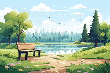 Cartoon public city park. Simple minimalist drawing of nature landscape, wooden bench near lake pond. Modern flat illustration