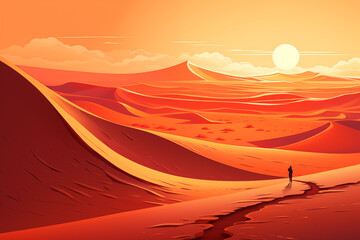 Abstract human silhouette walking in sandy desert, beautiful dune landscape. Cartoon flat illustration