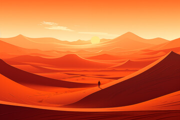Abstract person silhouette walking alone in a desert, dune landscape. Cartoon flat illustration
