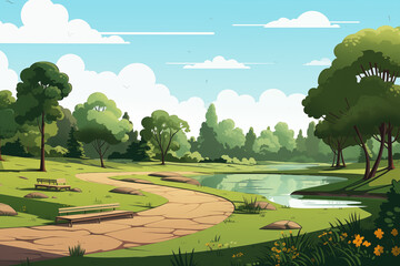 Cartoon city park. Simple minimalist public park with trees and river or pond. Cute modern nature landscape. Flat illustration