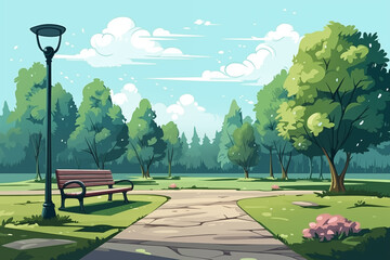 Cartoon city park. Simple minimalist drawing of public park with wooden bench and trees. Modern nature landscape. Flat illustration