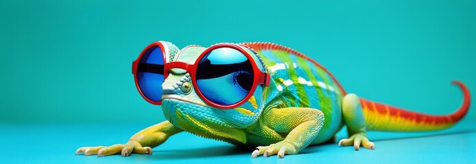 A chameleon sprawls casually with reflective red sunglasses on a turquoise background. The image captures a mix of wildlife charm and urban fashion.