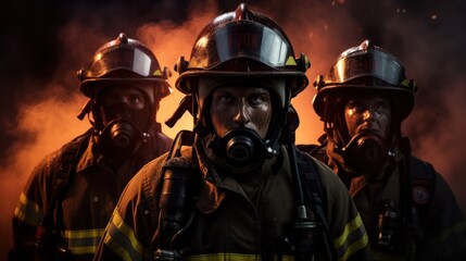 Firefighters in protective helmets and uniforms, poised in smoky ambiance, a testament to commitment and resilience in crisis.