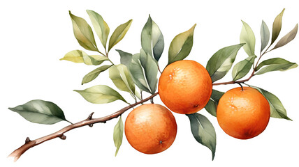 Tangerine branch with fruits and leaves. Watercolor illustration
