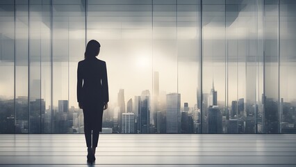 silhouette of business woman overlooking a city skyline