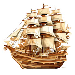 Ship composed of scraps of wood, 2D vector, white background