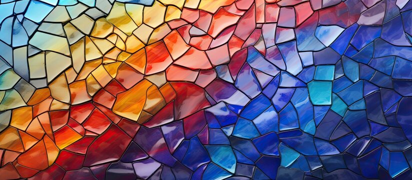 A close up of a vibrant stained glass window showcasing intricate patterns, tints and shades, symmetrical triangles, and electric blue hues a true fixture of creative arts