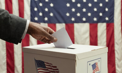 Man putting his vote in the ballot box.United States presidential election in 2024.Vote day, November 5.