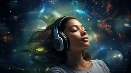Obraz premium Lunar melody, woman in headphones, a moment of nocturnal peace and reflection.