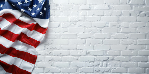 United States of America 2024 Presidential Election day.Banner background design template with usa flag at white brick wall background.Political election 2024 campaign background.
