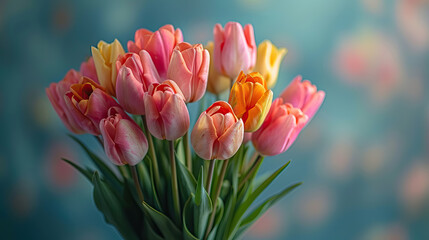 Creative Spring pink and yellow tulips flower bouqet arrangement on bokeh background with copy space for valentine's Day, women's Day, mother's day.