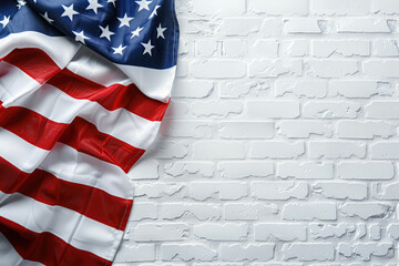 Presidents Day background.Flag of USA at white brick wall background with space for text.United States presidential election in 2024. - obrazy, fototapety, plakaty