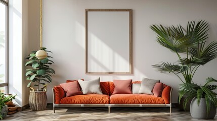 Elegant Living Room Interior with Stylish Orange Sofa and Empty Mockup Frame