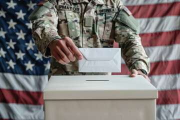 Election in United States of America. Voter soldier holds envelope in hand above vote ballot,USA flags at background.USA 2024 Presidential Election day.