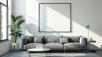Modern Living Room Interior with Empty Mockup Frame and Sunlit Space