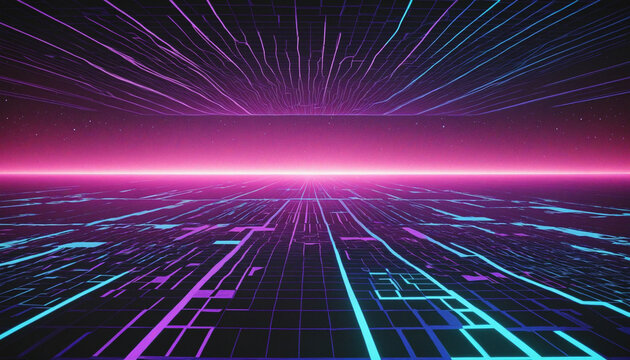 80s Retro Sci-Fi Background Futuristic Grid landscape. Digital cyber surface style of the 1980`s. 3D illustration. infinite mesh bottom, comets under space grid. Synthwave wireframe net illustration. 