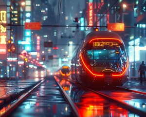 A futuristic transport hub buzzes with activity as advanced logistics technology orchestrates seamless movement Hitech vehicles glide effortlessly through the urban landscape illuminated by neon light - obrazy, fototapety, plakaty