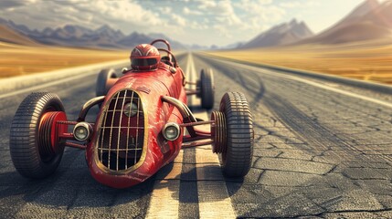 One race car ready to start on the track. A car with a helmeted driver is ready to start the race. Illustration for cover, card, postcard, interior design, poster, brochure, etc.