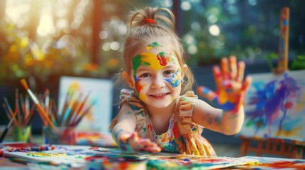 Joyful Moment of Creativity: A Young Girl Immersed in Play, Her Hands and Face Painted with Vibrant Colors as She Expresses Surrounded by Canvases and Paintbrushes.