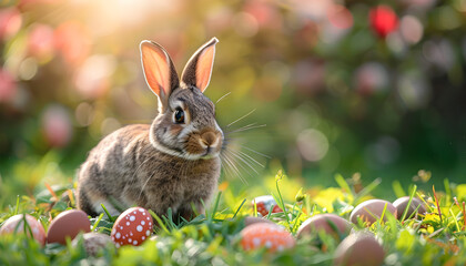 Happy Easter bunny in Easter meadow with eggs and copy space, perfect for holiday and spring-related projects