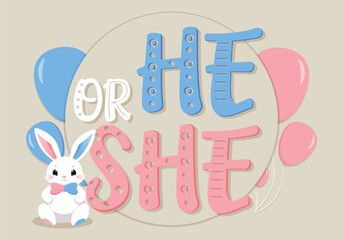 Baby Shower or gender party card. invitation gender party. Cute bunny and balloons. vector illustration. Banner, background for celebrating baby shower