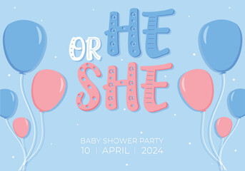 Baby Shower or gender party card. invitation gender party. Cute bunny and balloons. vector illustration. Banner, background for celebrating baby shower