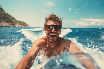 Smiling man with sunglasses having fun while splashing water on a sunny day - obrazy, fototapety, plakaty