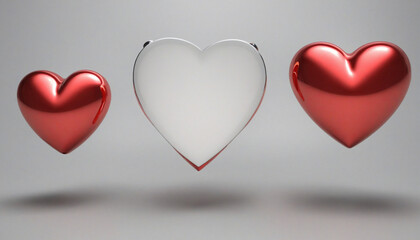 3d rendering. Red metallic heart sign, love symbol, romantic clip art isolated on silver background. Shiny glass icon