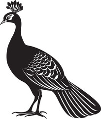 Celestial Elegance Hand Drawn Symbol of Large Peacock in Black Enchanted Feathered Extravaganza Logo Design of Gorgeous Peacock in Black Vector