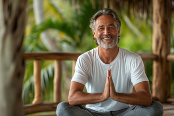 Naklejka na ściany i meble Smiling mature man with grey hair in a yoga pose, exuding tranquility in a lush, tropical gazebo