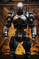 Fototapeta premium Artificial intelligence in a steel-colored humanoid robot with glowing eyes, Artificial intelligence and technology concept.