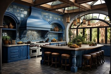 Obraz premium Vibrant Greece blue kitchen. Food home summer. Generate Ai