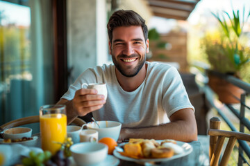 Fototapeta na wymiar Smiling young man having a healthy breakfast outdoors with fresh juice and coffee