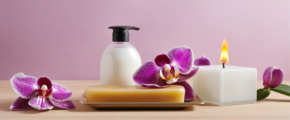 beautiful setup or orchid flowers and soap bars with candle for cosmetics and face wash natural spa...