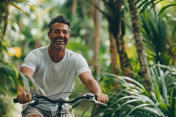 Smiling man enjoys a leisure bike ride surrounded by tropical greenery