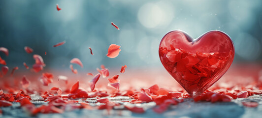 Heart Filled with Red Petals Floating on Water.