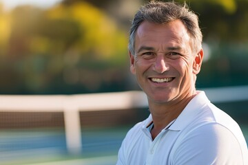 Cheerful mature male enjoying a sunny day on the tennis court with a bright smile - Powered by Adobe