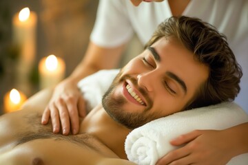 Obraz na płótnie Canvas Content young male receiving a soothing shoulder massage in a serene spa setting with ambient lighting