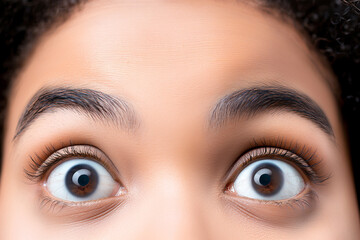 A close-up of a person's eyes with large, round pupils and thick eyebrows - obrazy, fototapety, plakaty