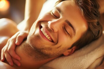 Close-up of a smiling man receiving a neck massage, embodying relaxation and contentment - obrazy, fototapety, plakaty