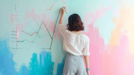 Woman Drawing Graphs on a Colorful Wall.
