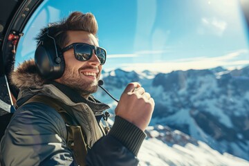 Happy male pilot with headset enjoying the view from a helicopter cockpit in the mountains - Powered by Adobe