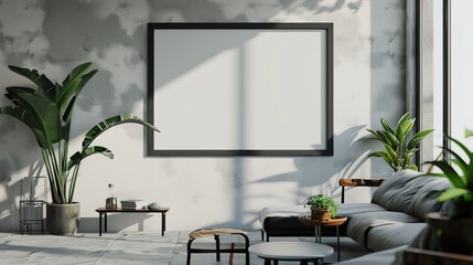 Modern Minimalist Living Room with Empty Mockup Frame and Lush Greenery