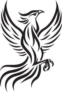Eternal Flame Vector Icon of Mythical Phoenix in Black Cosmic Rebirth Hand Drawn Symbol of Legendary Phoenix in Black Vector