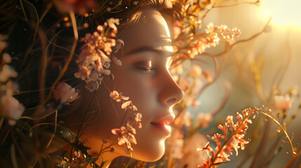 Serene woman with floral backdrop basking in golden hour light