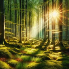 The radiant glow of sunlight filtering through the verdant canopy of the forest during the rejuvenating embrace of spring.